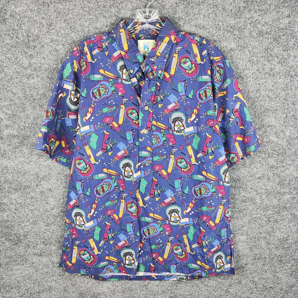 Kahala Shirt Mens Large Blue Golf Print Hawaiian Button Front Short Sleeve